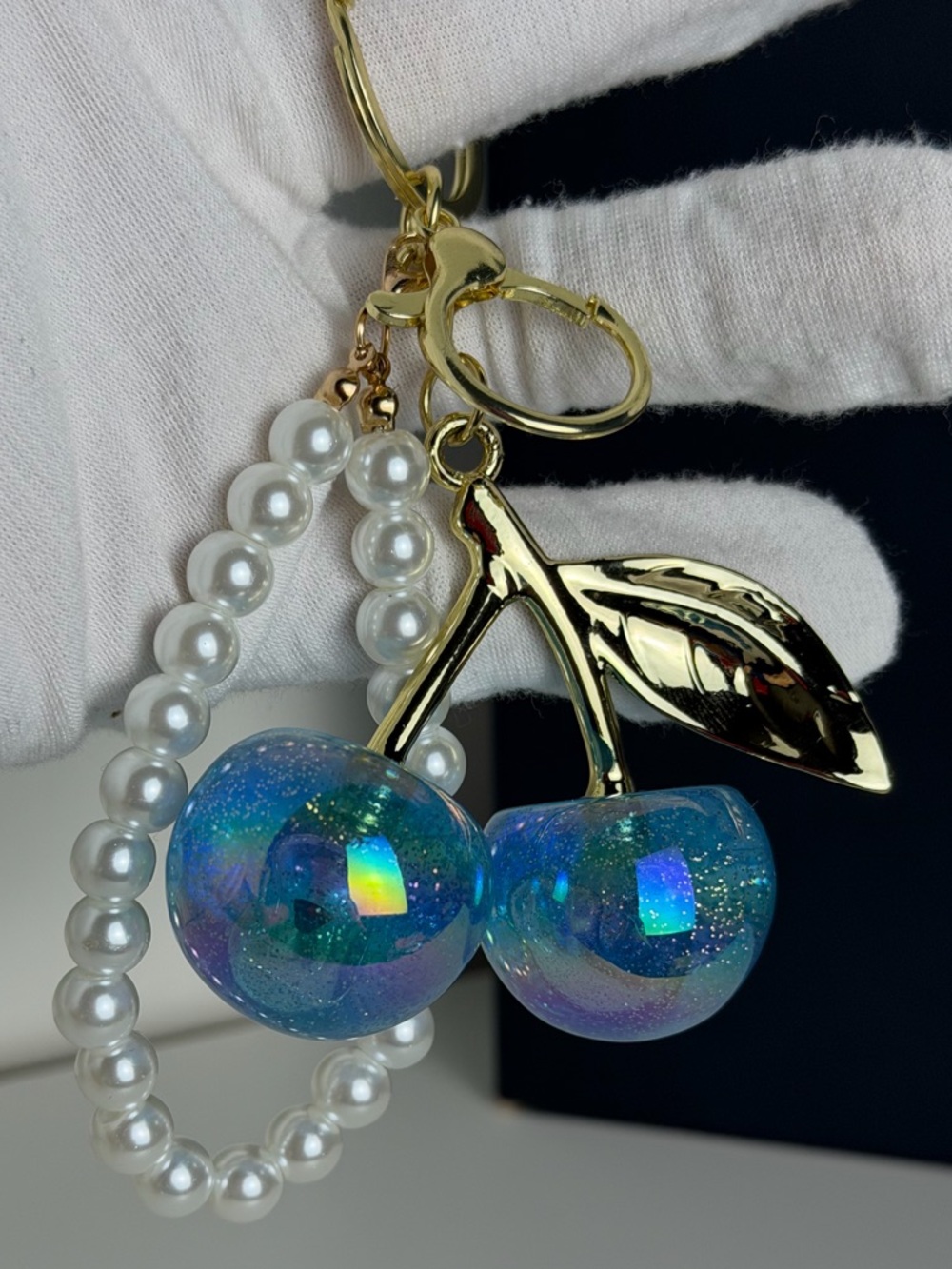 New Iridescent Blue Cherry Keychain with Pearl Loop